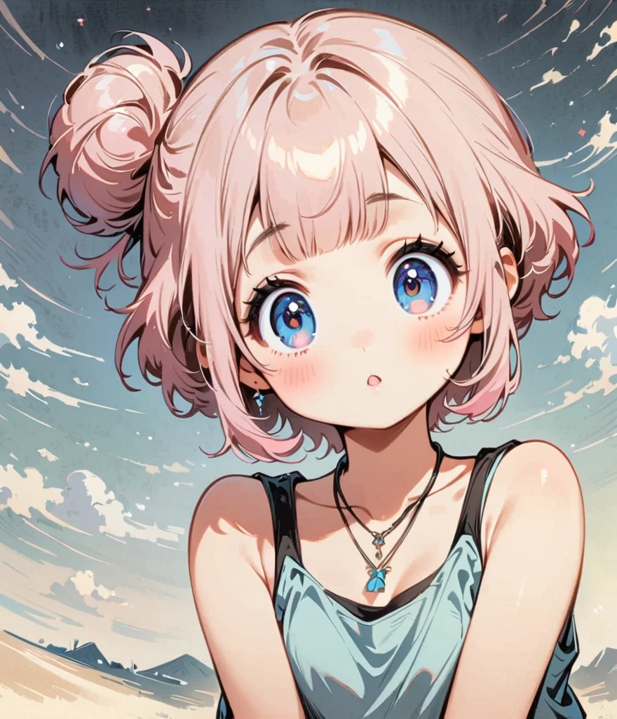 pale pink hair、Short hair with a bun、Cartoon style character design，1 Girl, alone，Big eyes，Cute expression，Tank top、interesting，interesting，Clean Lines
