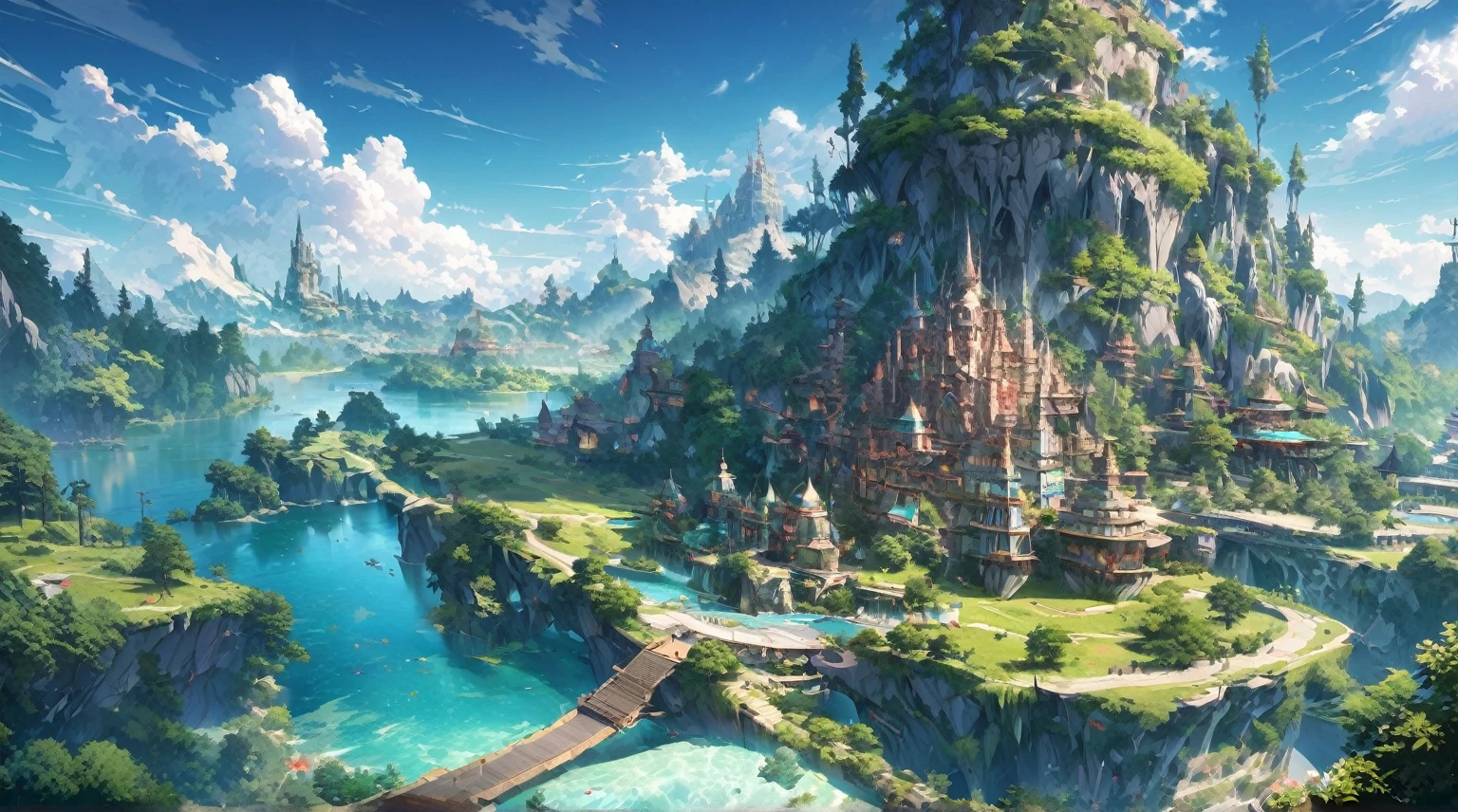 Create a stunning, high-quality Futuristic Elven City with Elven Architechture image that captures the beauty and majesty of nature. The scene should feature a breathtaking mix of mountains, lush forests, and a serene lake reflecting the clear blue sky. The image should include vivid colors, intricate details, and a sense of tranquility, making it perfect for showcasing the splendor of the natural world. Masterpiece, High Quality
