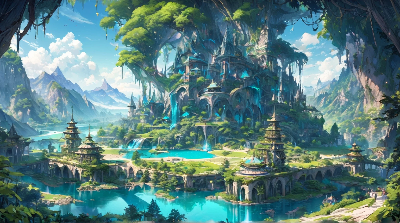 Create a stunning, high-quality Futuristic Elven City with Elven Architechture image that captures the beauty and majesty of nature. The scene should feature a breathtaking mix of mountains, lush forests, and a serene lake reflecting the clear blue sky. The image should include vivid colors, intricate details, and a sense of tranquility, making it perfect for showcasing the splendor of the natural world. Masterpiece, High Quality
