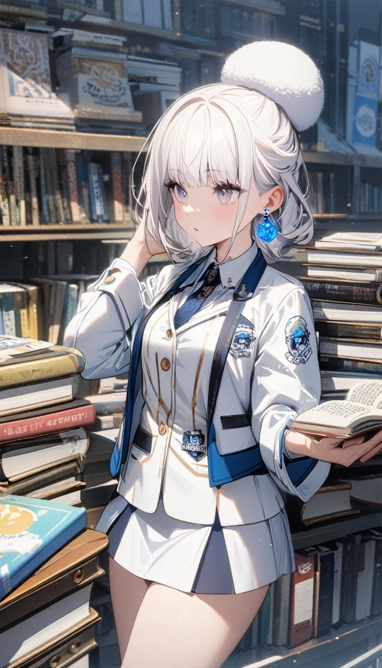 1girl,albino,snow white hair,white eyes,,white blazer with logo ,white skirt,perfect lean body, books,calm,white beanie,blue earrings,8k,high definition ,