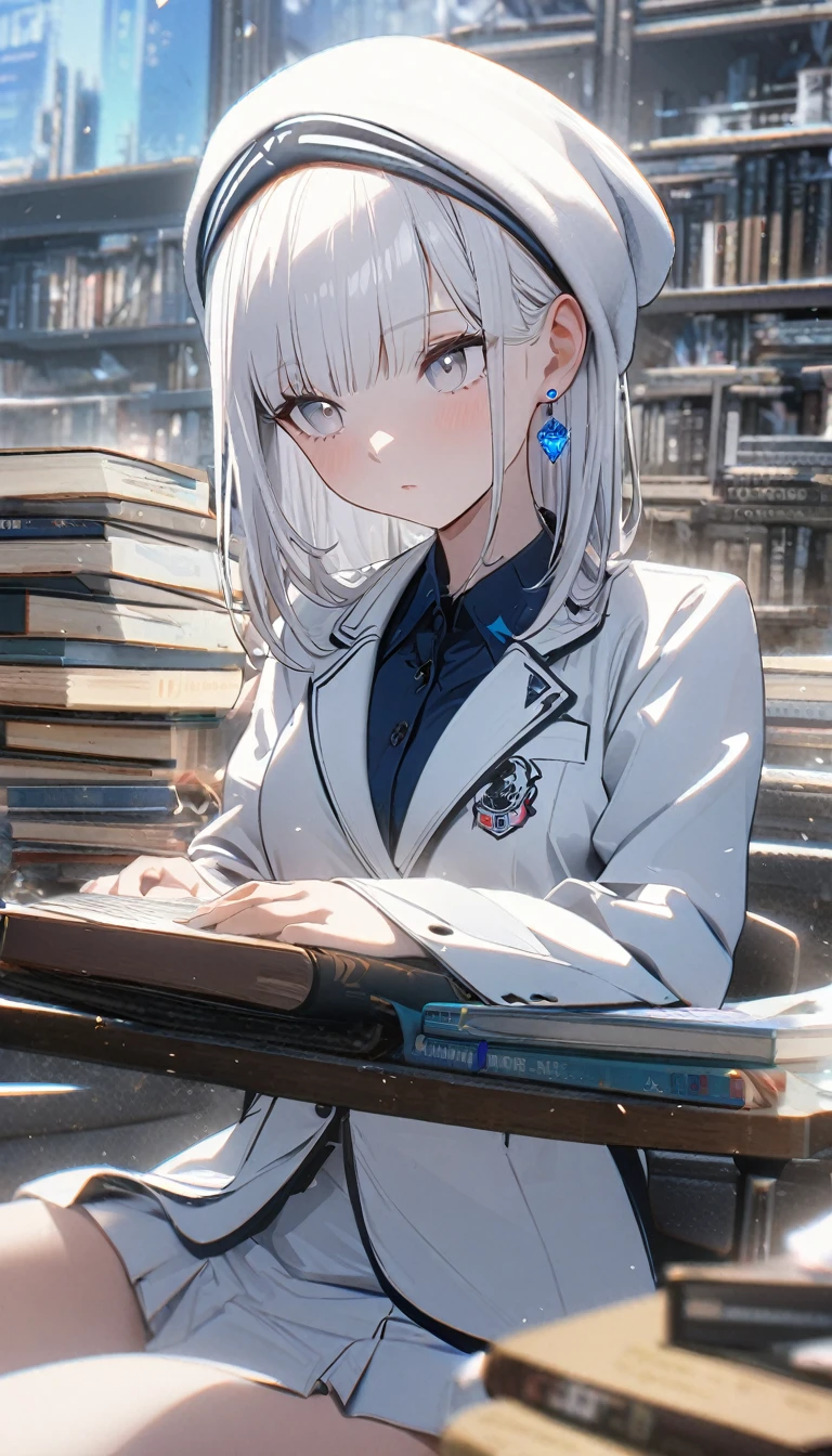 1girl,albino,snow white hair,white eyes,,white blazer with logo ,white skirt,perfect lean body, books,calm,white beanie,blue earrings,8k,high definition ,