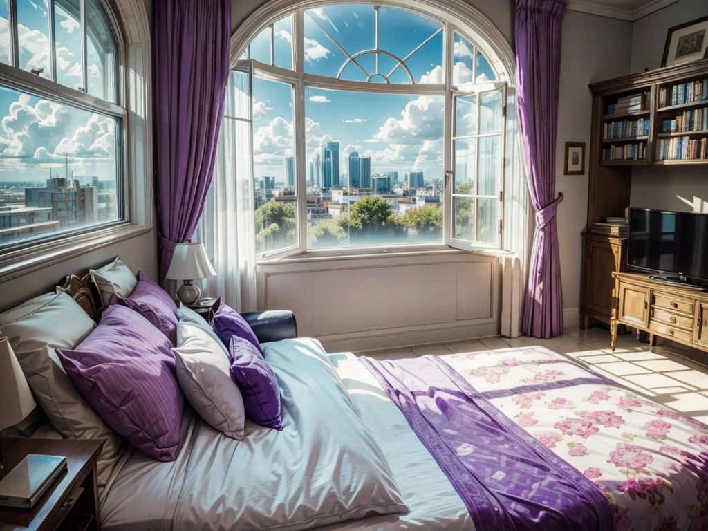 8K HD,sun sunshine blue sky white clouds,Circular glass house,Glass House,There is a big purple bed in the room,There is a table here,TV,There is a bookcase,Pink Curtains,Large glass windows all around,Overlooking the panoramic view,The most important thing is to have a big bed,Outside the window is the city scenery and tall buildings
