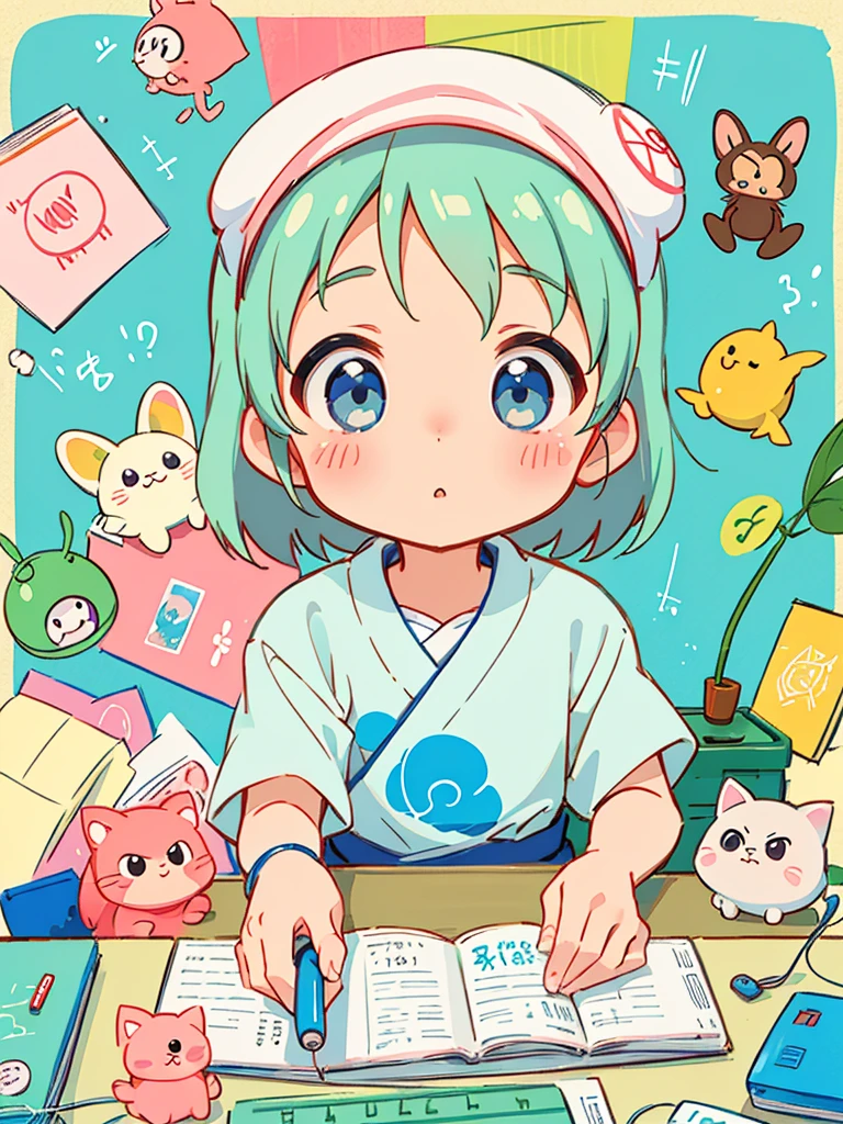 hayao miyazaki style, Kawaii Design, The most beautiful girl of all time、Chibi, (((ニュースレポーター))), (((desk))), (((マイクロフォン)))
