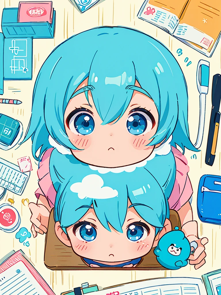 hayao miyazaki style, Kawaii Design, The most beautiful girl of all time、Chibi, (((ニュースレポーター))), (((desk))), (((マイクロフォン)))