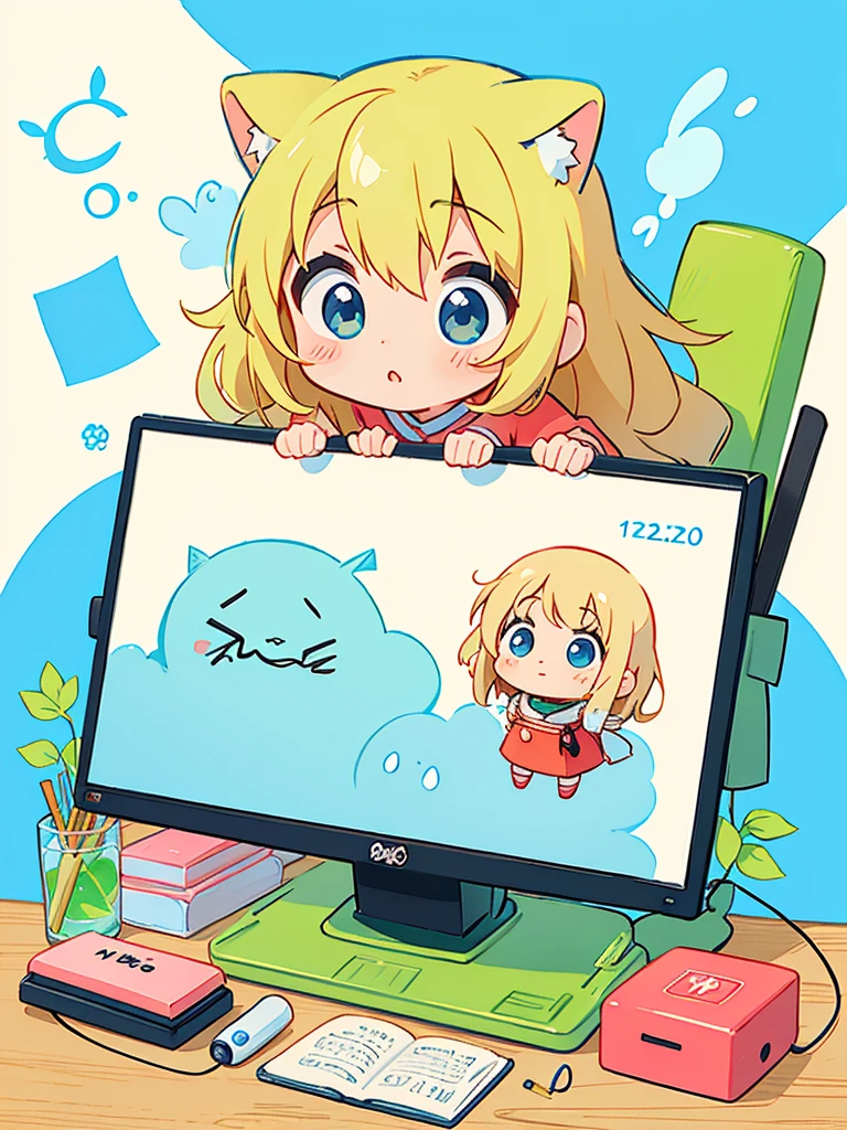 hayao miyazaki style, Kawaii Design, The most beautiful girl of all time、Chibi, (((ニュースレポーター))), (((desk))), (((マイクロフォン)))