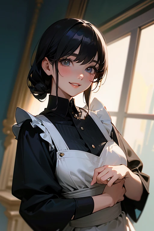 (Highest Resolution, clear_image) Highest quality, single, One woman, alone, masterpiece, Very detailed, Semi-realistic, Black Hairのショートヘア, Black Hair, bangs, 18-year-old, mature, Light blue , Indoor Background, kind, Authoritative, Powerful, exquisite features, exquisite features、Eyelashes become longer、Showing teeth、smile😀、Maid clothes、woman'Fingers in the、Sleeping on the sofa、Long Hair、Fluttering in the wind、((Looking up))