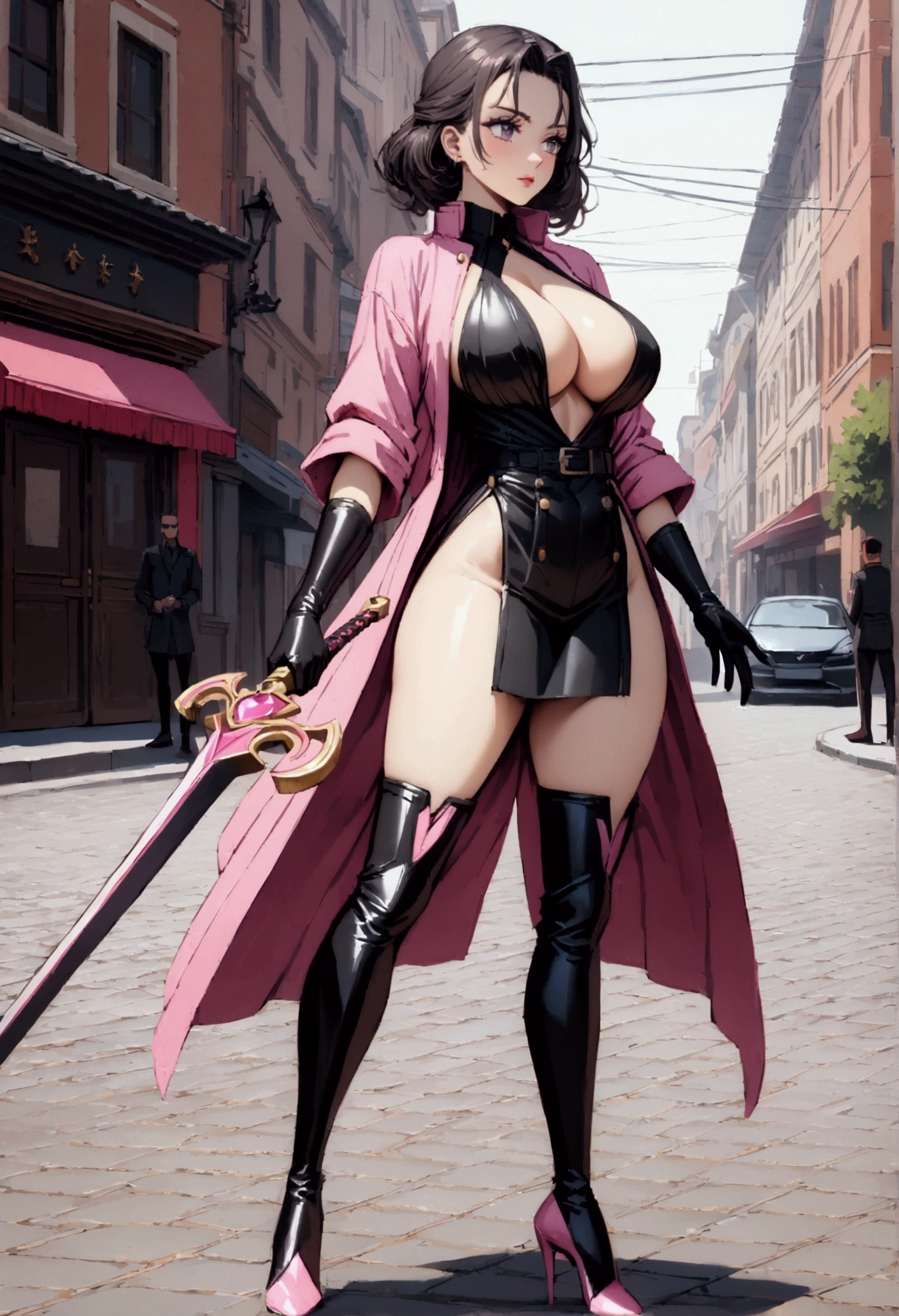 perfect and beautiful face, beautiful girl in black and pink pointed toe stiletto knee high boots, standing on street with sword in her hands ,, leatgher gloves on, big breasts and buts