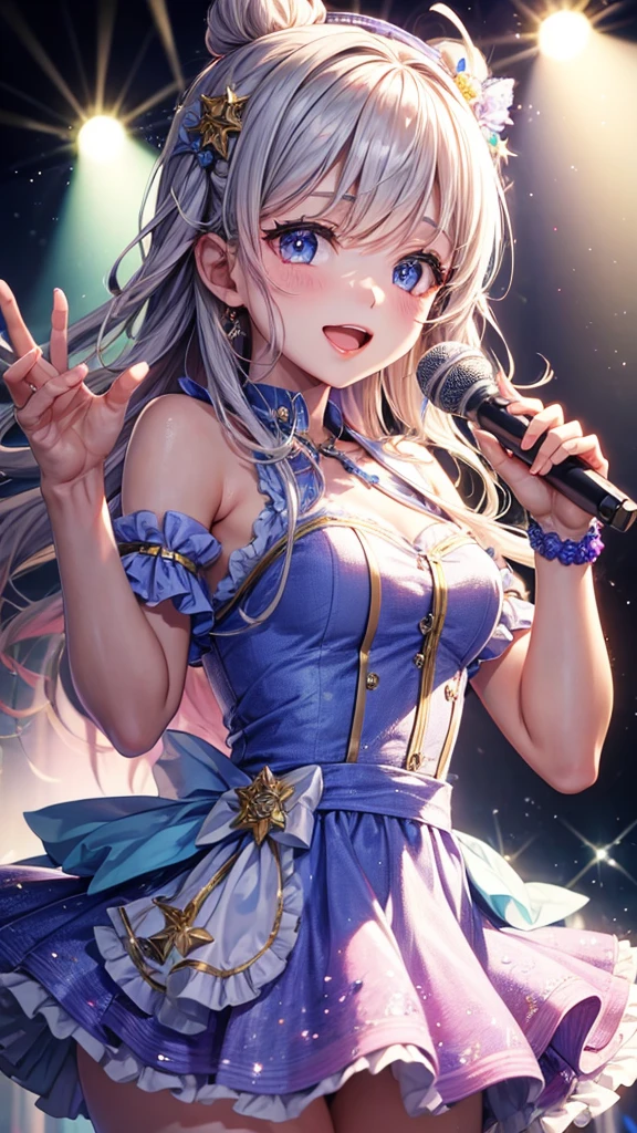 Illustration, cinematic light, high resolution, best quality, ultra detailed, detailed face, (detailed eyes), highest quality, ultra detailed, masterpiece, (detailed face), pretty face, best smile, sexy mature woman transparent (ultra-detailed embroidery and ribbons, idol outfit: 1.5), ruffled miniskirt, cloth, choker, open cloth, NSFW, high heels, blue eyes, neon small shiny hair edges, AI fantasy concert, glowing lighting with neon details, idol, (live stage: 1.15), (holding the microphone in left hand singing: 15), singing with butt sticking out: 5, (to a packed audience in the background), light reflection, heart-shaped iris, playful eyes, open shoulders, (wet body), small glowing butterfly, hair jewelry, panties, cute panties: 1.5