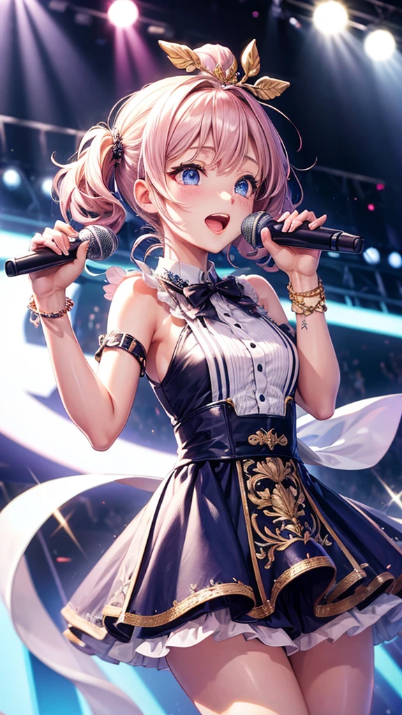 A pretty idol singing with a microphone