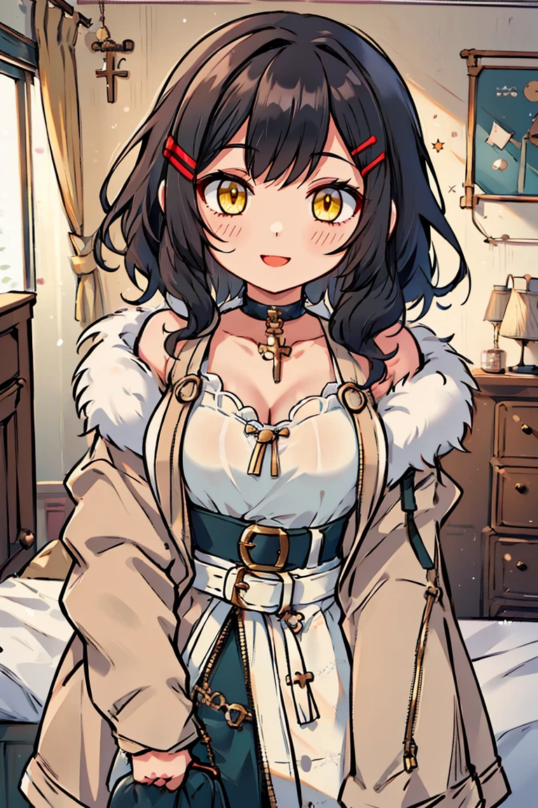 (masterpiece:1.2), (high quality:1.2), (hui xiyi:0.7), rekkyo sensen, rekkyou sensen, girls with((1girl, solo, black hair, yellow eyes, (wavy medium hair, hairclips:1.3), blush, breasts, choker, cleavage, coat, cowboy shot, dress, ribbon waist belt, collar, collarbone, rosary, rosary choker, cross, fur, fur trim, parka, khaki hoodie, green hoodie, hood down, hooded coat, hooded jacket, hoodie, jacket, large breasts, long sleeves, medium breasts, open clothes, open coat,open hoodie, sleeveless, winter clothes, zipper, cleavage, upper body, hand up, waving, palm)), background with((bedroom, room:2.0))