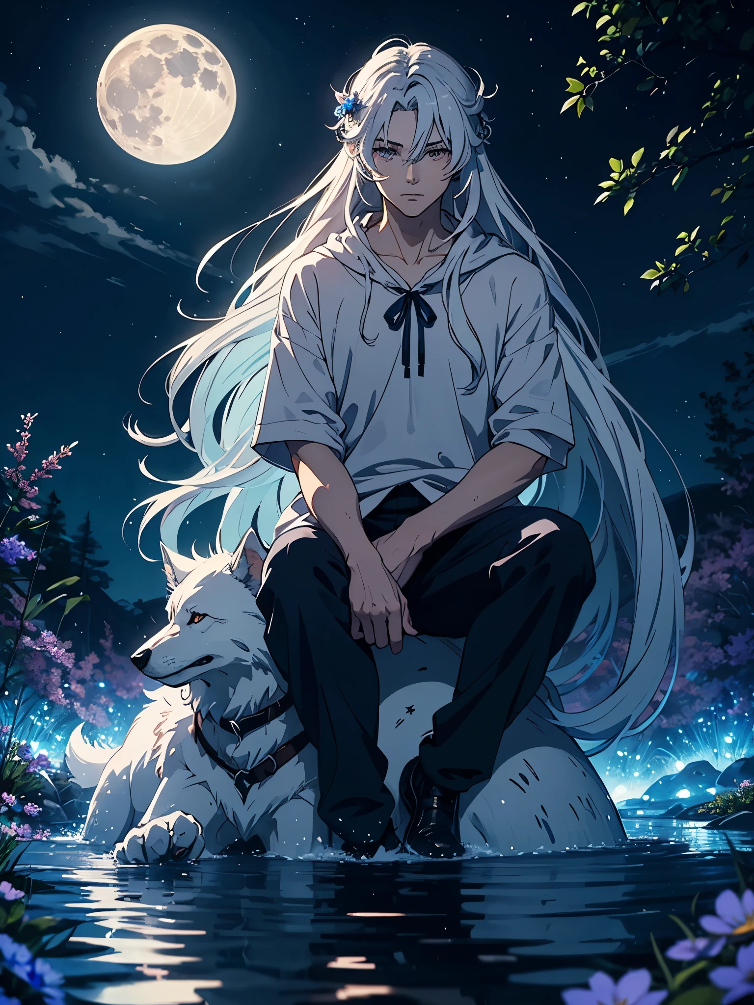 Big Wolf. day lights. More anime. light blue light. Bright bright light. magical. Moon. Sitting on a big white wolf. Lightening flowers. More anime. male. Blue flowers. Long hair. long white hair. aquatic, boy, God of the Moon, silver hair accessories, White hair. 