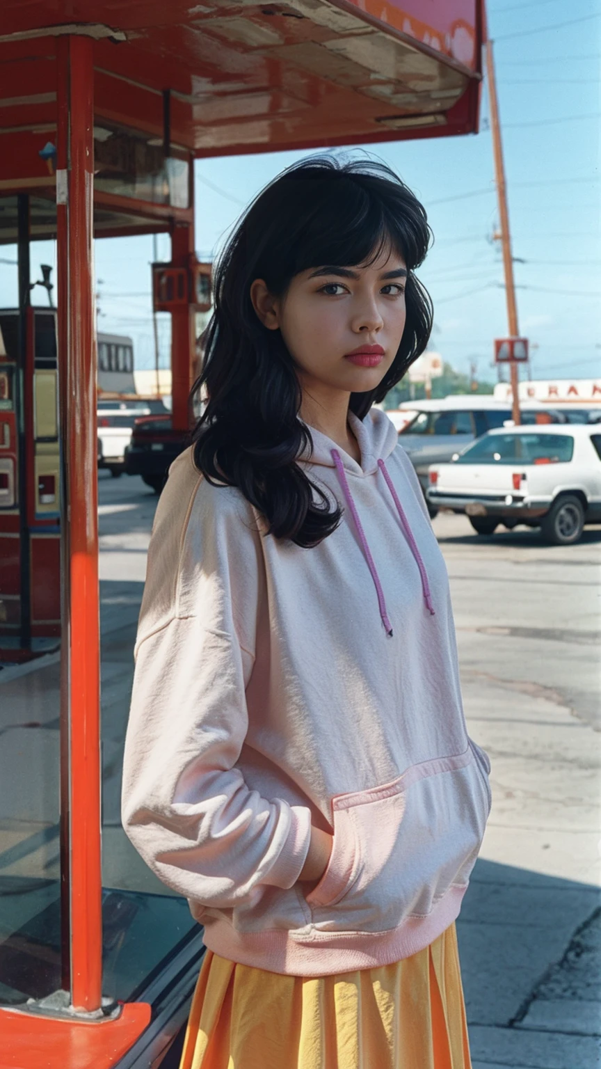  photo cinematic photograph long shot portraits by Wes Anderson, cute 23 yo girl ,fokus, bokeh ,wear ((orange color oversized_hoodie)), wear ((purple tennis skirt)),looking front,Best Quality,Masterpiece,Ultra High Resolution,(Realisticity:1.4),Original Photo, 1Girl, light leak,ultra high resolution,UHD,beautiful, (black bob hair), almond eye, no makeup, in front of ((80's los angles gas station)), (realistic:1.2), (surreal:1.3), (very detailed:1.1), ((masterpiece)),summer, blue sky, palm trees,sunny, los angles vibes,film camera, 800mm lens,style of Philip Lorca diCorcia