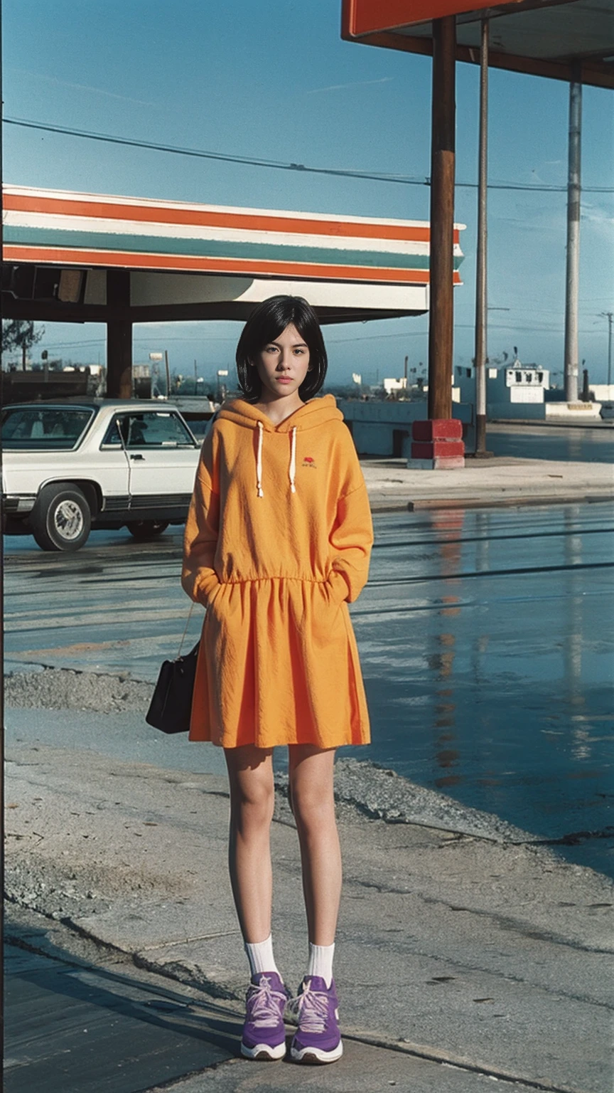  photo cinematic photograph long shot portraits by Wes Anderson, cute 23 yo girl ,fokus, bokeh ,wear ((orange color oversized_hoodie)), wear ((purple tennis skirt)),looking front,Best Quality,Masterpiece,Ultra High Resolution,(Realisticity:1.4),Original Photo, 1Girl, light leak,ultra high resolution,UHD,beautiful, (black bob hair), almond eye, no makeup, in front of ((80's los angles gas station)), (realistic:1.2), (surreal:1.3), (very detailed:1.1), ((masterpiece)),summer, blue sky, palm trees,sunny, los angles vibes,film camera, 800mm lens,style of Philip Lorca diCorcia