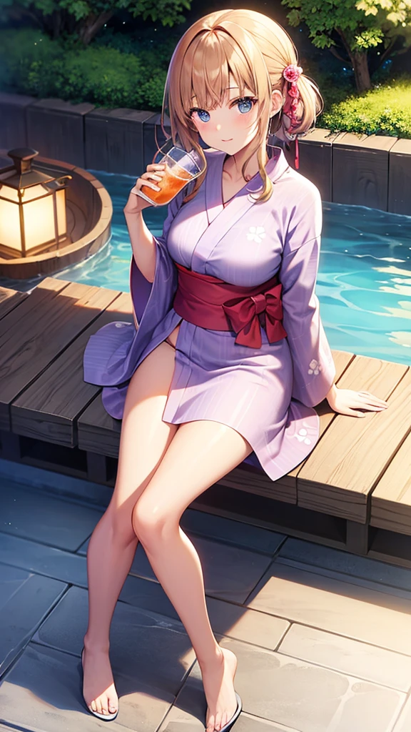 ((NSFW,Nude,female ,masturbation,yukata)),beautiful, masterpiece, Highest quality, Hello, And soul, One Girl, Medium Chest, Portrait Shot, Look at the viewers, Outdoor swimming pool, Wet skin, Intricate details,>,((Covered),Leg spread,masturbation,Show off your crotch