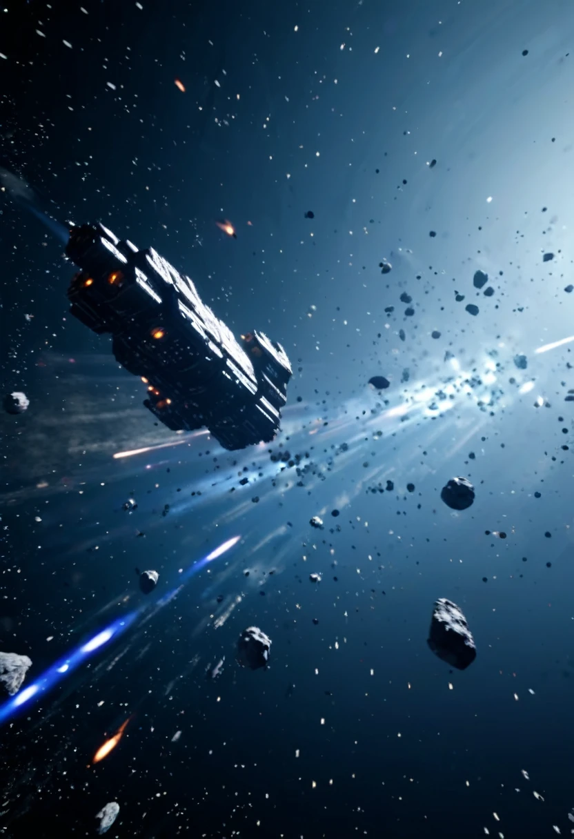 Spaceship flying outer space moving past floating asteroids, unknown planet in background, stars shining beautifully, sci-fi scene, ultra HD, unreal engine rendered, octane 3d rendering, cinematic lighting 