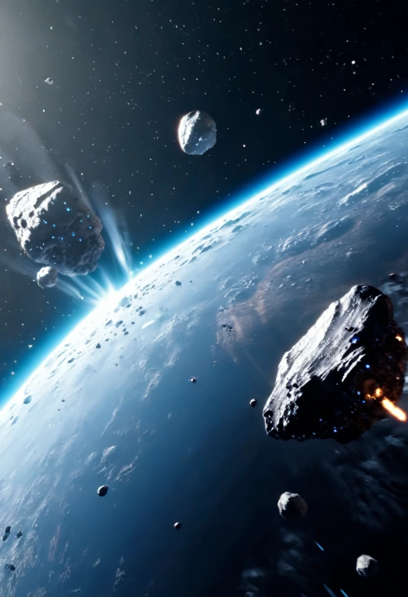 Spaceship flying outer space moving past floating asteroids, unknown planet in background, stars shining beautifully, sci-fi scene, ultra HD, unreal engine rendered, octane 3d rendering, cinematic lighting 