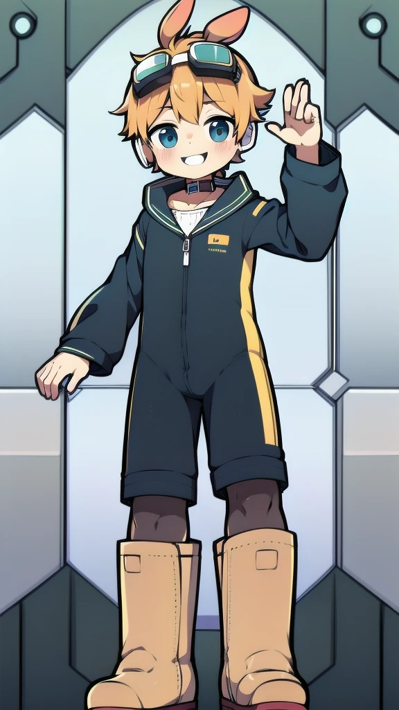 2D Shonen Shota,One-piece suit,Slim, healthy body,Put the headphones on your head,stand up,goggles,Rabbit ears,Happy,Sailor collar,boots,charming,Akimbo
