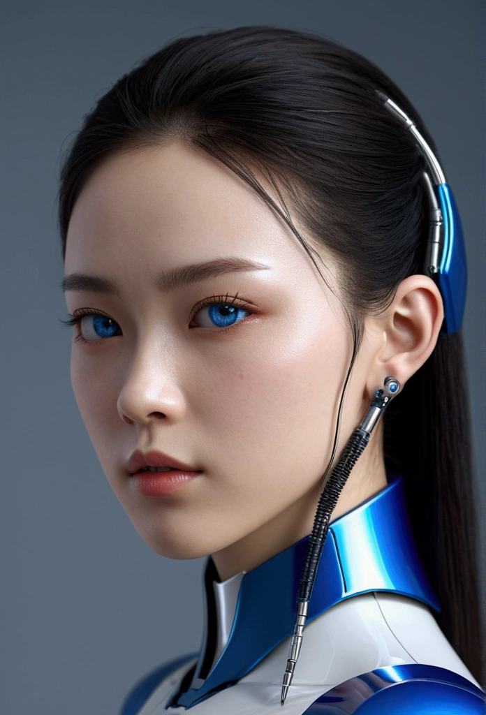 Top quality 8K ultra high definition work, masterpiece: 1.3, sharp focus: 1.2. One robot, the face is a human woman. complex 3d render ultra detailed of a beautiful porcelain skin head asian girl with blue eyes profile android face, Facing the camera、cyborgs, roboticparts, 150mm, beautiful studio soft light Go to top, Hyper Realistic, anatomically,