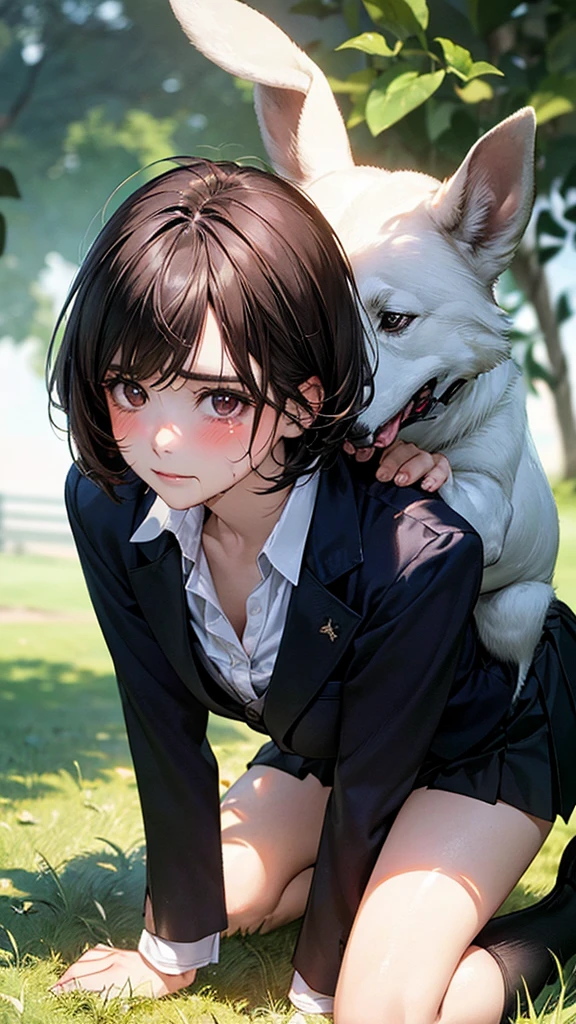 (masterpiece:1.2, top-quality), (realistic, photorealistic:1.4), beautiful illustration, (natural side lighting, movie lighting), 
looking at viewer, 1 woman, japanese, 22 years old, high school teacher, perfect face, cute and symmetrical face, shiny skin, babyface, 
(short hair, straight hair, dark brown hair), hair between eyes, dark purple eyes, (middle breasts, seductive thighs, big ass), piercings, 
beautiful hair, beautiful face, beautiful detailed eyes, beautiful clavicle, beautiful body, beautiful chest, beautiful thigh, beautiful legs, beautiful fingers, 
((navy tight skirt, white collared shirt), open shirt, black pantyhose), purple neck ribbon, , 
(beautiful scenery)In the grass in the meadow, ((girl on all fours)) A large dog is lying on its back.
Her face is bright red, her brow is furrowed, her mouth is open, and she looks delighted. Her large breasts and nipples are standing out, even through her shirt. The skirt is shorter than normal, but even shorter. The girl has brown hair.

(Very short skirt).

(Very short skirt).

She is wearing a very short skirt.