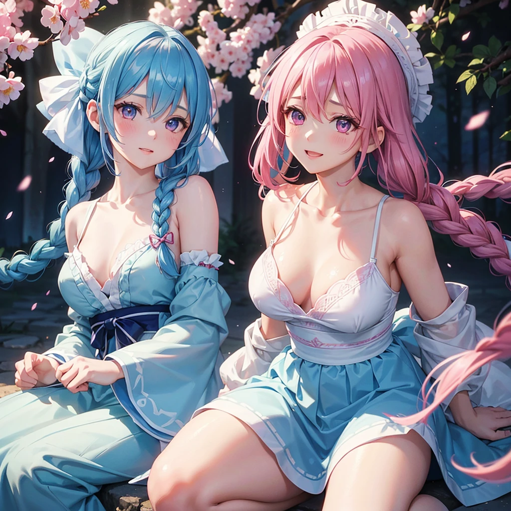 (Sky blue medium hair),(Braided hair tied together)、Pink eyes、Fair skin、(whole body)、(One Girl)、、Sakura in spring、A big smile、、(masterpiece、Highest quality、Very detailed、Best Shadow)、(Detailed Background)、(Beautifully detailed face)、High contrast、(Best lighting、Very delicate and beautiful)、((Cinematic Light))、colorful、Hyper Detail、Dramatic Light、Exquisite detail、