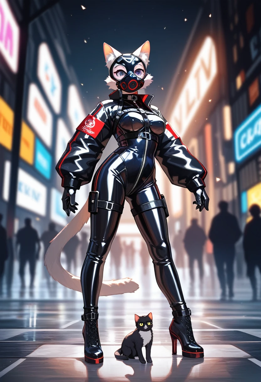 animation, Highest quality, Highest quality, High quality illustrations, masterpiece, Ultra-high resolution, Detailed Background, In town, Absurd, Perfect Anatomy, performance, Good lighting, Shadows in the movies(kemono, Furry PersonifiCation), Cat, Rubber suit, latex, neon, neonライト, neonカラー, Racing Suits, Cyber Suit, Harness, Leather Half Jacket, cyber punk, Rubber mask