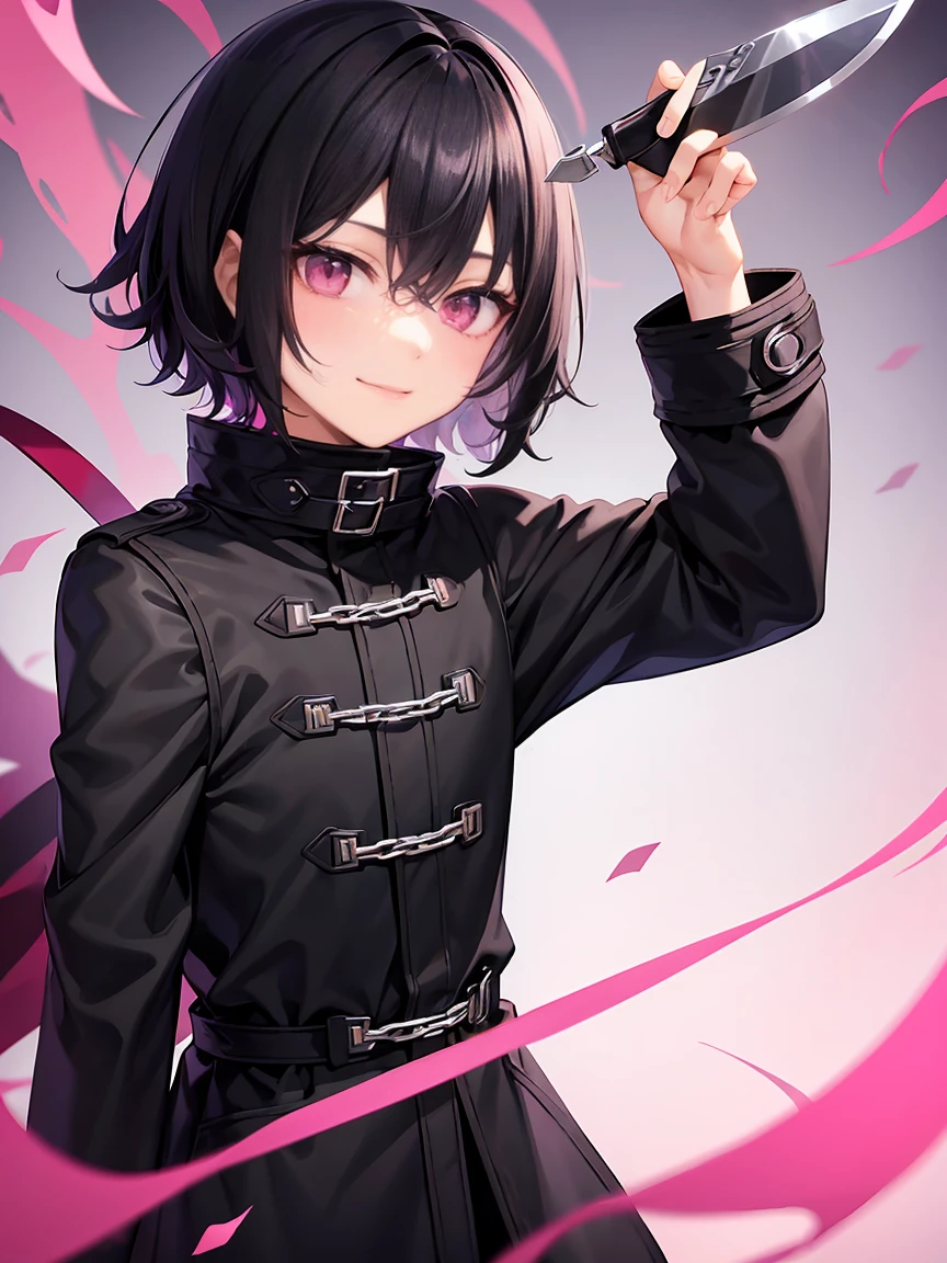 Short black hair、Pink eyes、Shota、male:1.5、solo、jet black duffle coat、Black clothing、Wicked Smile、Black trousers、knife
