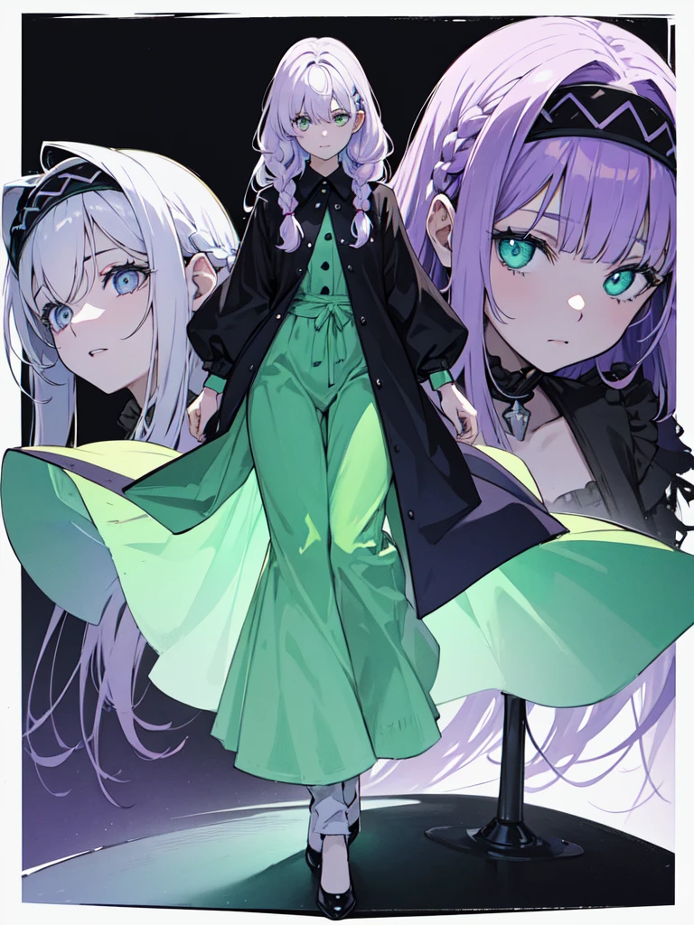 sketch (Character design sheet, same characters, whole body, Three-View, front, ~ ~ ~ side, return),(Very bright:1.1), White Background, [1 Girl:7], (Tilt your head:1.2), ([sketch|watercolor \(Moderate\)]:1.15),full body, Full bangs,(Full bangs, Straight bangs, The bangs are aligned diagonally), （Gradient braided hair, (Light purple hair), (Ink blotches:1.1), (pale:1.2),(Light purple:1.2),(Light green:1.2)）　and full body, Artistic elements add depth to the work. The overall atmosphere is creepy and nightmarish..., With a unique artistic touch. This movie is、The dark and crazy world of horror movies depicted in HD., Evoke visual stimuli and aesthetic sense, It will terrify and excite the audience....,watercolor画, （Lightless, Eyes without highlights, Evil Eye, A bad looking person with white eyes, It&#39;s a red eyeliner）,whole body絵, Wearing a maid outfit and （Mature face,tall, Wearing black tights,Green Eyes, The skin is hidden　and maid, The background is a dark and desolate landscape, Horror movie atmosphere. Her figure is extremely beautiful, Emphasizing the dark and crazy elements. Skillfully expressing the effects of light and shadow, detailed, The face and expression of the black costume are also carefully drawn.