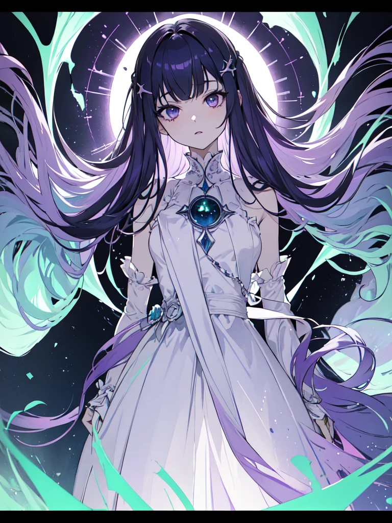 sketch (Character design sheet, same characters, whole body, Three-View, front, ~ ~ ~ side, return),(Very bright:1.1), White Background, [1 Girl:7], (Tilt your head:1.2), ([sketch|watercolor \(Moderate\)]:1.15),full body, Full bangs,(Full bangs, Straight bangs, The bangs are aligned diagonally), （Gradient braided hair, (Light purple hair), (Ink blotches:1.1), (pale:1.2),(Light purple:1.2),(Light green:1.2)）　and full body, Artistic elements add depth to the work. The overall atmosphere is creepy and nightmarish..., With a unique artistic touch. This movie is、The dark and crazy world of horror movies depicted in HD., Evoke visual stimuli and aesthetic sense, It will terrify and excite the audience....,watercolor画, （Lightless, Eyes without highlights, Evil Eye, A bad looking person with white eyes, It&#39;s a red eyeliner）,whole body絵, Wearing a maid outfit and （Mature face,tall, Wearing black tights,Green Eyes, The skin is hidden　and maid, The background is a dark and desolate landscape, Horror movie atmosphere. Her figure is extremely beautiful, Emphasizing the dark and crazy elements. Skillfully expressing the effects of light and shadow, detailed, The face and expression of the black costume are also carefully drawn.