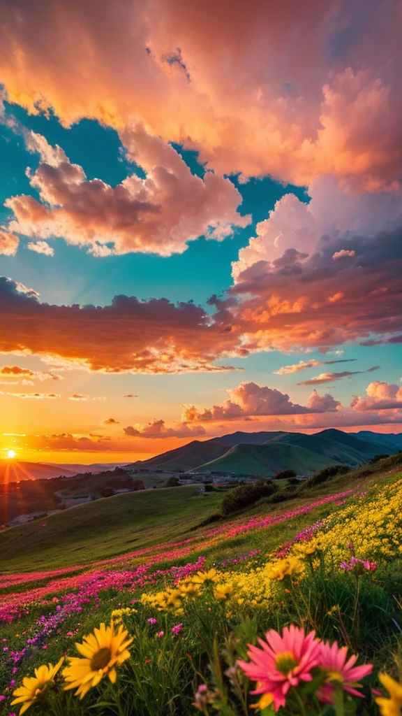 You can watch a beautiful sunset, The hills are covered with flowers and plants., Flowers are nearby, Colorful Sky, Surreal colors, Colorful sunset, Colorful Sky, Beautiful skyの反射, Beautiful sky, Fantastic atmosphere 8K, Multicolored clouds, Colors reflected in the lake, Surreal Sky, Red and blue reflections, Fire Reflection, Beautiful sky, beautiful and spectacular sunset, Beautiful dream landscape, Beautiful sky