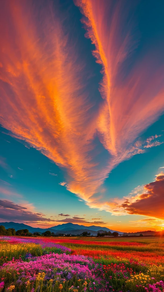 You can watch a beautiful sunset, The hills are covered with flowers and plants., Flowers are nearby, Colorful Sky, Surreal colors, Colorful sunset, Colorful Sky, Beautiful skyの反射, Beautiful sky, Fantastic atmosphere 8K, Multicolored clouds, Colors reflected in the lake, Surreal Sky, Red and blue reflections, Fire Reflection, Beautiful sky, beautiful and spectacular sunset, Beautiful dream landscape, Beautiful sky