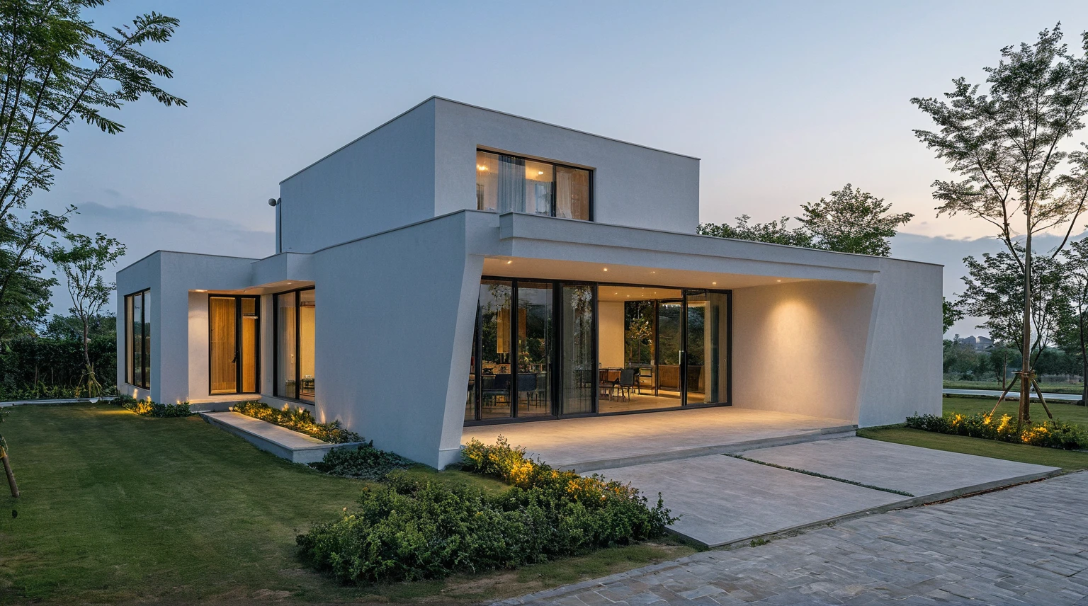 exterior, Masterpiece, high quality, best quality, authentic, super detail, outdoors, onestoreyvillaXL, aiaigroup, house style modern, white wall, glass window ,pavement, grass, trees, dusk sky, cloud, (daylight:1.1)
