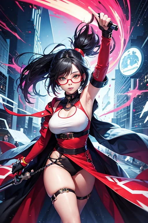 Girl with an urban style and striking colors and multiverse anime style glasses