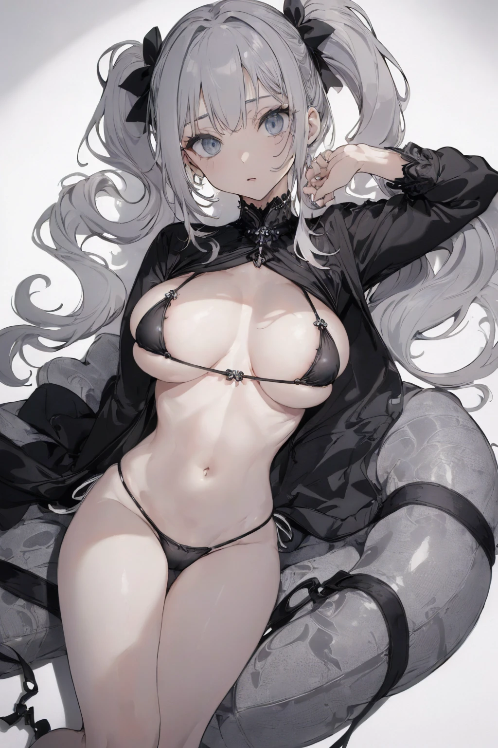 (micro bikini photo:1.1, saggy breast, gray white background:1.5), Masterpiece, best quality, (very detailed CG unity 8k wallpaper), (best quality), High definition RAW color art, Animation,sculptures, (black Marble Skin), (((Ultra detailed elegant))), Magical atmosphere, Detailed skin, Texture,(Intricately detailed, Fine detail, ultra-detail art), Silky Touch, Hyper Detail, beautiful eyes, Elegant Face, (lying on gray floor), enormous breast:1.3, (silver hair, twintail), pastel purple, embarrassing face, wide open udder, twin tail, black bikini