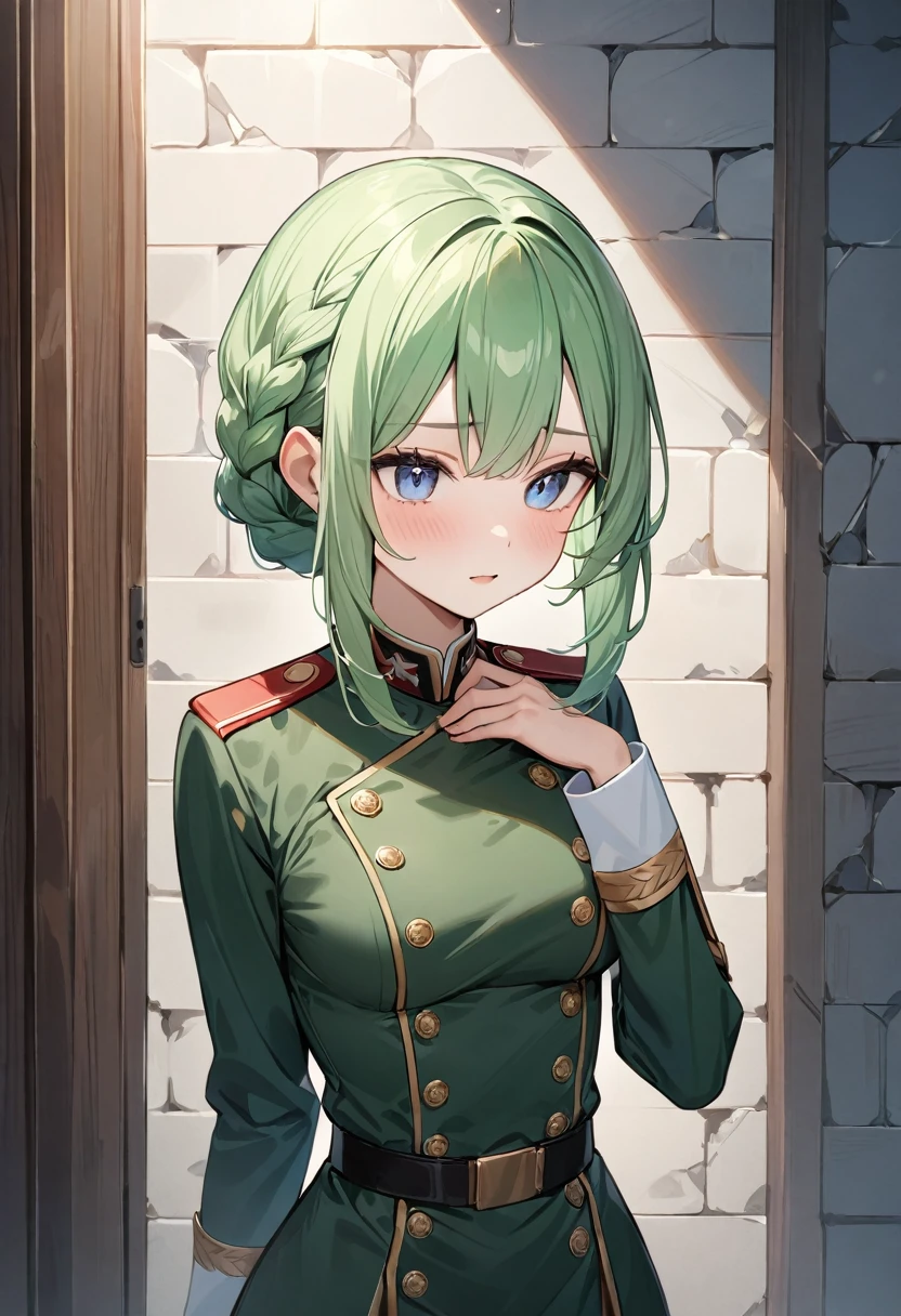 (masterpiece, top quality, very aesthetic, 4k、8ｋ、illustration), intricate detail, 1girl,Standing in front of a wall、(upper body)、clear face、(braid hair)、
Cute 、light green hair、,middle hair,sidelock ,,blue eye、Military uniform、Tight skirt、,medium breasts、Slim 、