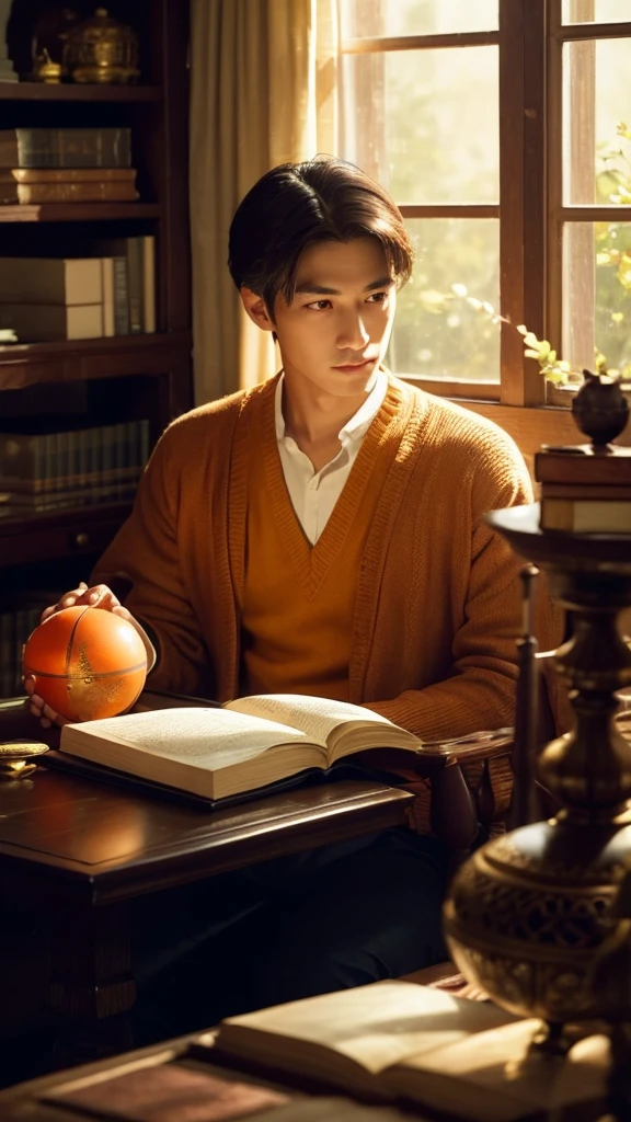 A mysterious male psychological counselor、sitting quietly in a dimly lit room。He exudes elegance and calm.、He is sitting at a table with old books and a crystal ball.。Behind him、There is a window through which soft light shines in.、A warm orange light spreads throughout the room.。The counselors' attire is simple but elegant.、His expression is gentle、Gives peace of mind。In the background、Old bookshelves and plants are arranged、The whole place exudes a sense of tranquility and mystery.。