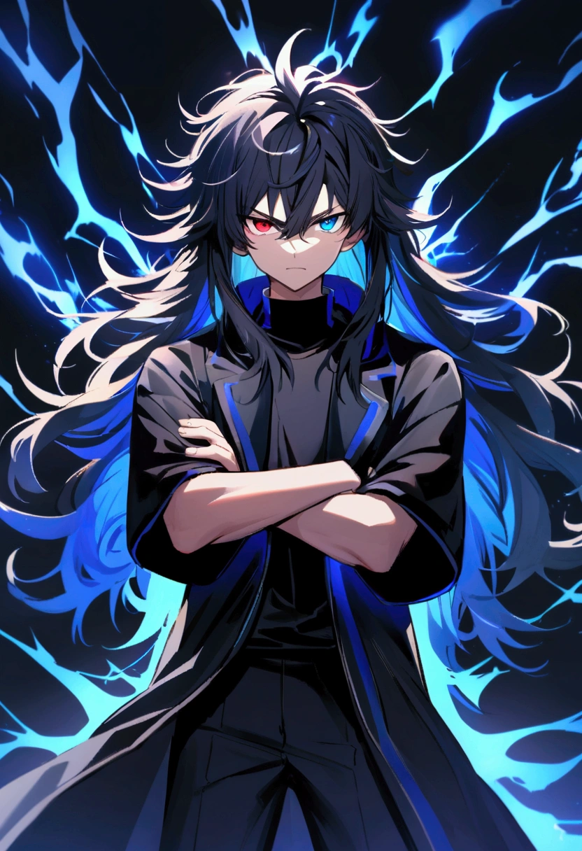  boy, Messy hair, long hair, multicolored blue and black hair, crossed arms, blue and black eyes, heterochromia, Simple smile, serious face, black jersey, dark blue detailed and wide short-sleeved overcoat, detailed black pants, electric aura around the character, 