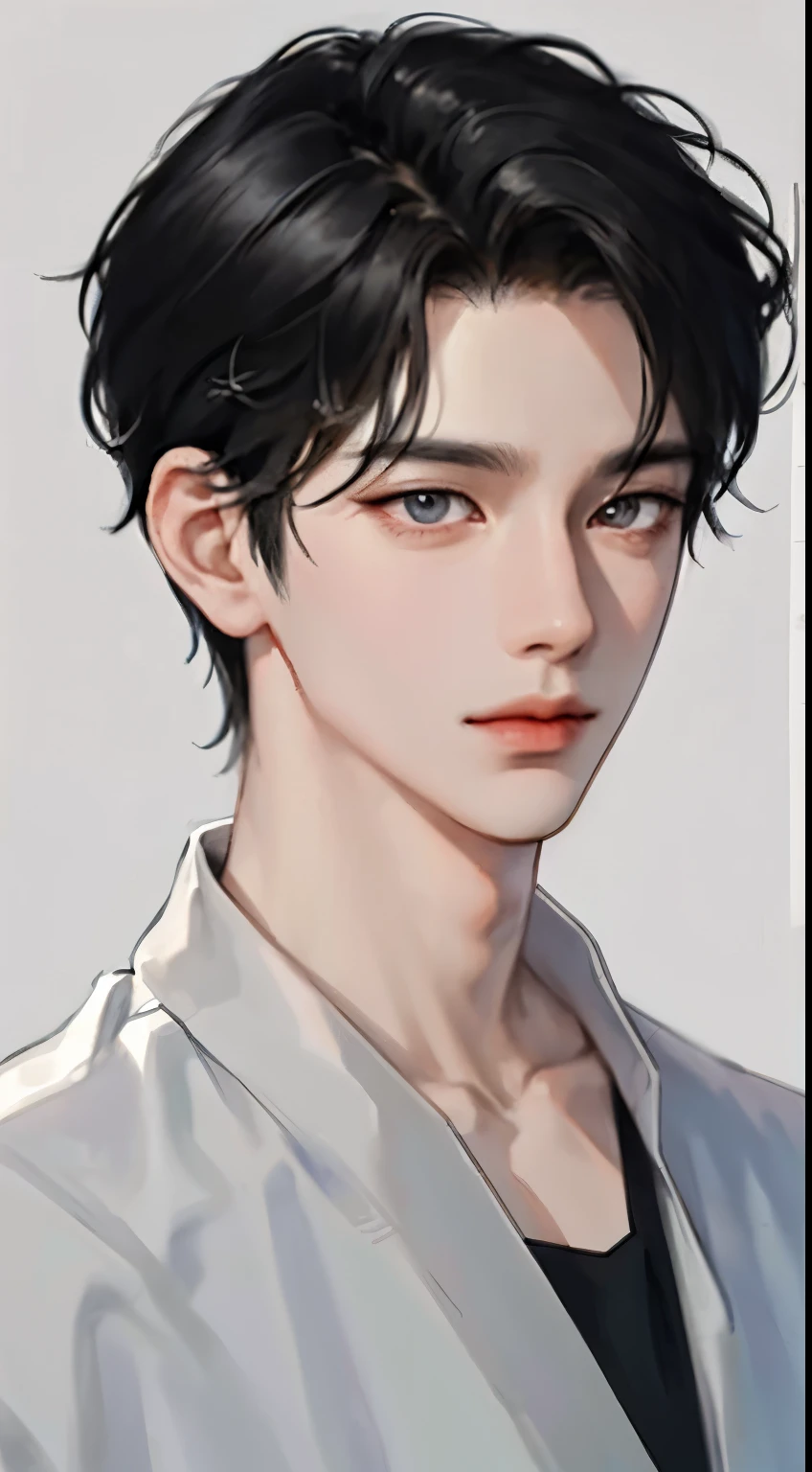 1 boy, Black Hair, short hair, Gray eyes, Delicate eyes,Solitary focus, Simple background, Male focus, Solitary, permanent, Cheng Zhenyu, portrait,, (masterpiece:1.0), (best quality:1.0), (8k wallpaper:1.0), (Beautiful and delicate face:1.0), (detailed Deep eyes), Deep eyes,Looking at the audience,