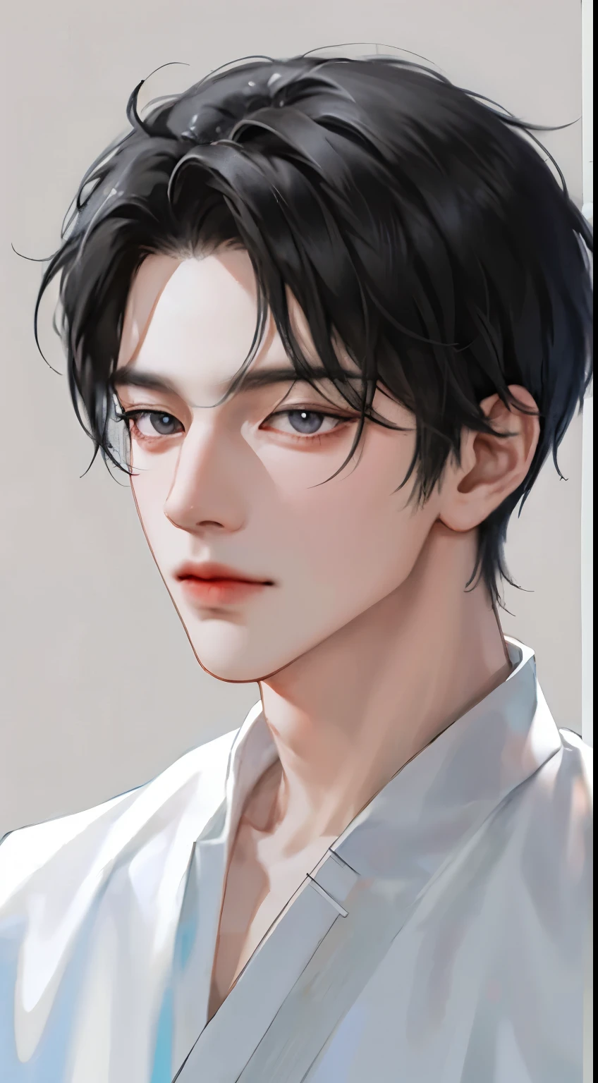 1 boy, Black Hair, short hair, Gray eyes, Delicate eyes,Solitary focus, Simple background, Male focus, Solitary, permanent, Cheng Zhenyu, portrait,, (masterpiece:1.0), (best quality:1.0), (8k wallpaper:1.0), (Beautiful and delicate face:1.0), (detailed Deep eyes),  Deep eyes,Looking at the audience,