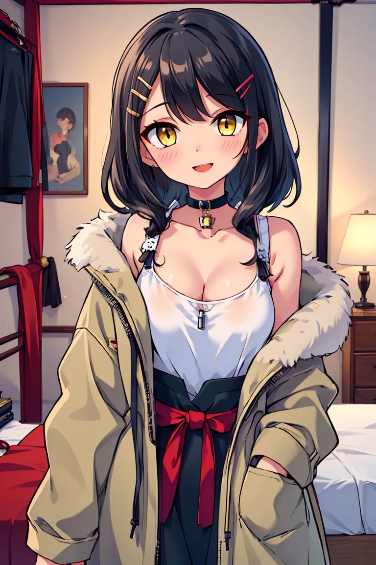 (masterpiece:1.2), (high quality:1.2), (hui xiyi:0.7), rekkyo sensen, rekkyou sensen, girls with((1girl, solo, black hair, yellow eyes, (wavy medium hair, hairclips:1.3), blush, breasts, choker, cleavage, coat, cowboy shot, dress, ribbon waist belt, collar, collarbone, rosary, rosary choker, cross, fur, fur trim, parka, khaki hoodie, green hoodie, hood down, hooded coat, hooded jacket, hoodie, jacket, large breasts, long sleeves, medium breasts, open clothes, open coat,open hoodie, sleeveless, winter clothes, zipper, cleavage, upper body, hand up, waving, palm)), background with((bedroom, room:2.0))