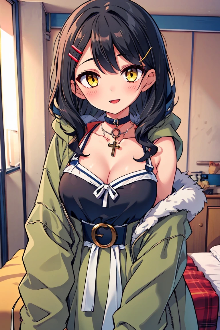 (masterpiece:1.2), (high quality:1.2), (hui xiyi:0.7), rekkyo sensen, rekkyou sensen, girls with((1girl, solo, black hair, yellow eyes, (wavy medium hair, hairclips:1.3), blush, breasts, choker, cleavage, coat, cowboy shot, dress, ribbon waist belt, collar, collarbone, rosary, rosary choker, cross, fur, fur trim, parka, khaki hoodie, green hoodie, hood down, hooded coat, hooded jacket, hoodie, jacket, large breasts, long sleeves, medium breasts, open clothes, open coat,open hoodie, sleeveless, winter clothes, zipper, cleavage, upper body, hand up, waving, palm)), background with((bedroom, room:2.0))