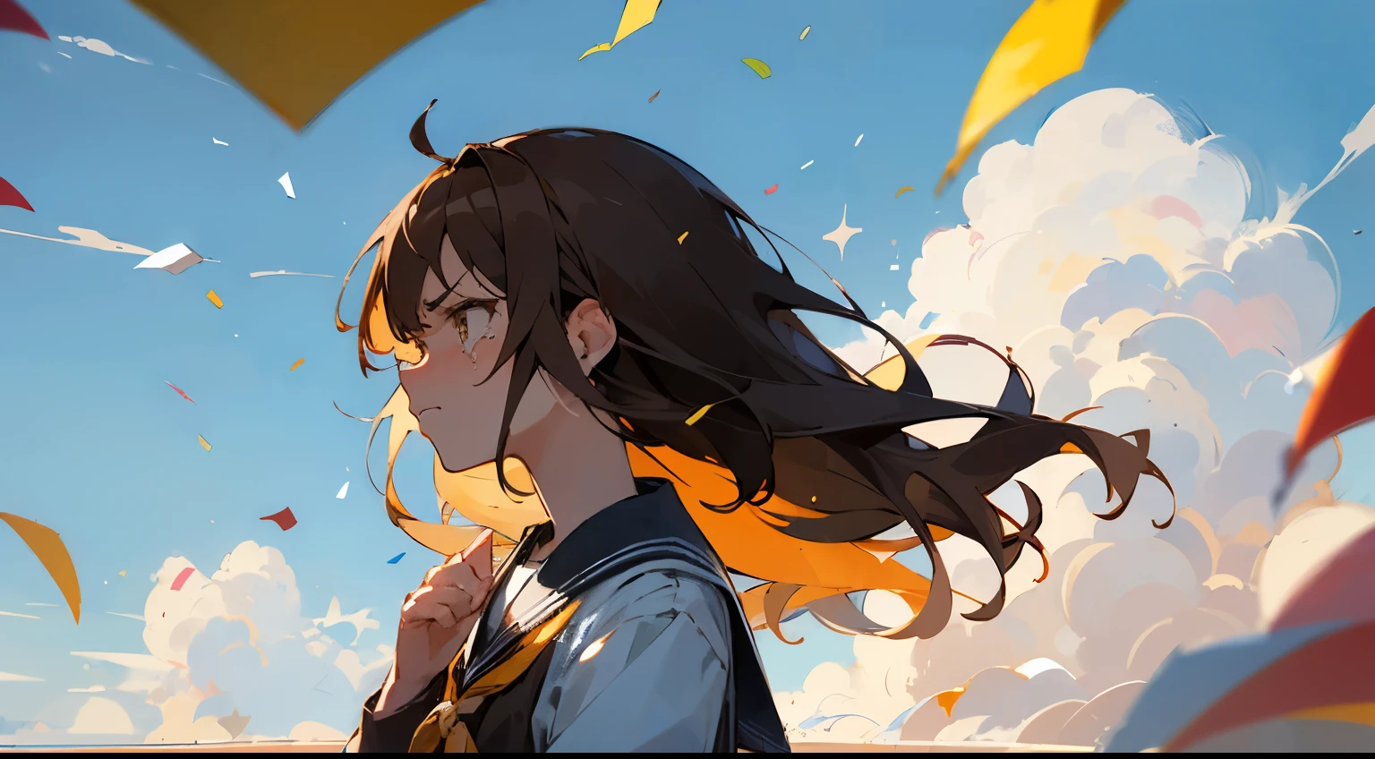((Highest quality)), ((masterpiece)), ((Very detailed)),Looks down Girl,Angry expression，Confetti，Brown Hair,Blue sky and clouds,Tears on my cheeks,profile,student,School building