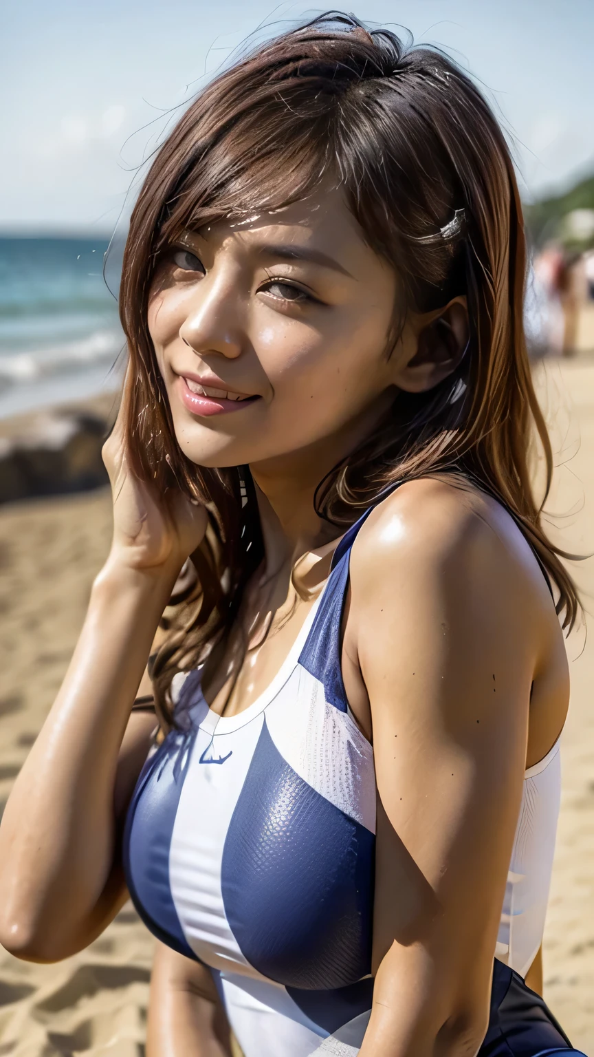 (Realistic、Like a photograph、Live Action、, Realistic, RAW Photos, Best image quality: 1.4), Single-lens reflex camera、RAW Photos, Highest quality, Realistic, Very detailed CG Unity 8k wallpaper, Written boundary depth, Cinematic Light, Lens flare, Ray Tracing, Realistic background、Many people:1.4、(Beach volleyball player:1.4、uniform:1.3、Volleyball uniforms that fit snugly against the skin、Toned body)、((Ultra-dense skin))、 woman,Cute Japanese volleyball player、((Receiving posture、((whole body:1.5))、During the game:1.1、Smiling at the beach))、Pink inner color hair、short hair:1.2、tie your hair with a hair clip、I like that style、stylish、Very detailed、Pay attention to the details、Perfect outfit、(Sunburned skin)、Beautiful legs:1.1，Side view