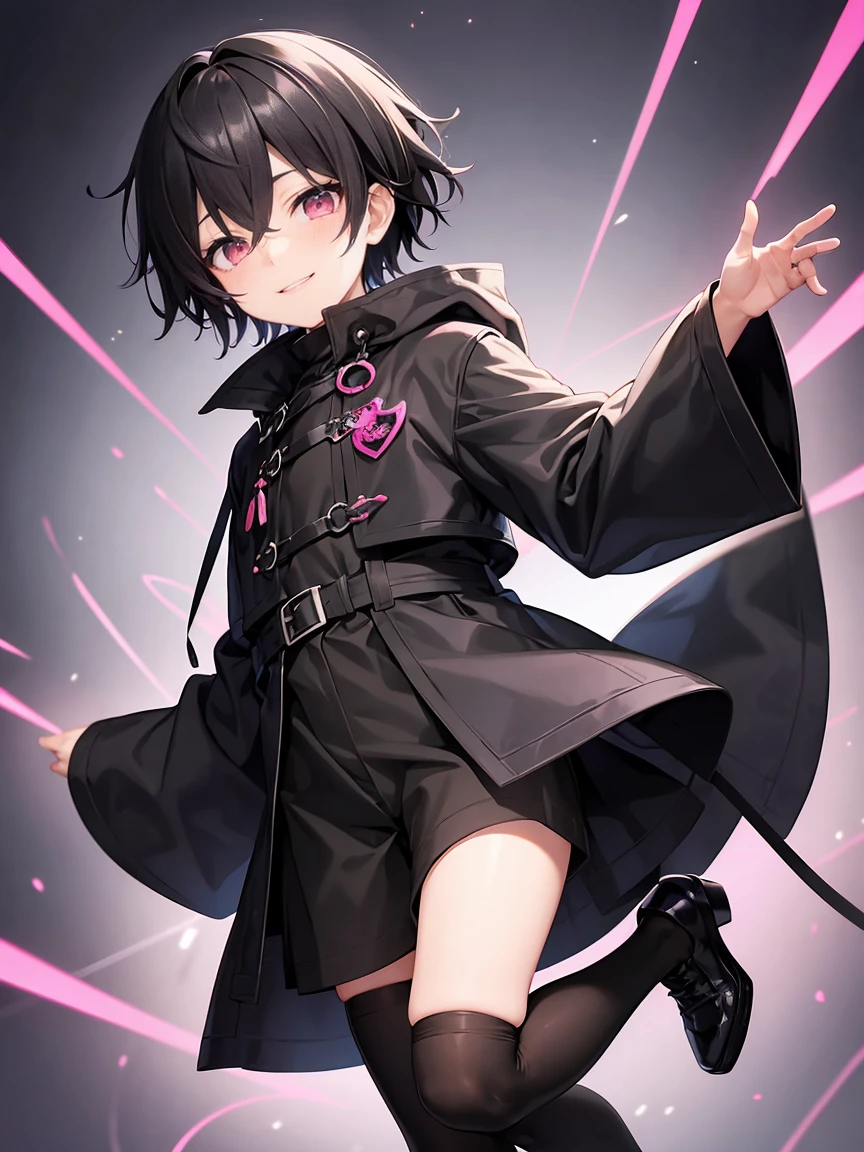 Short black hair、Pink eyes、Shota、male:1.5、solo、jet black duffle coat、Black clothing、Wicked Smile、Black trousers、knife