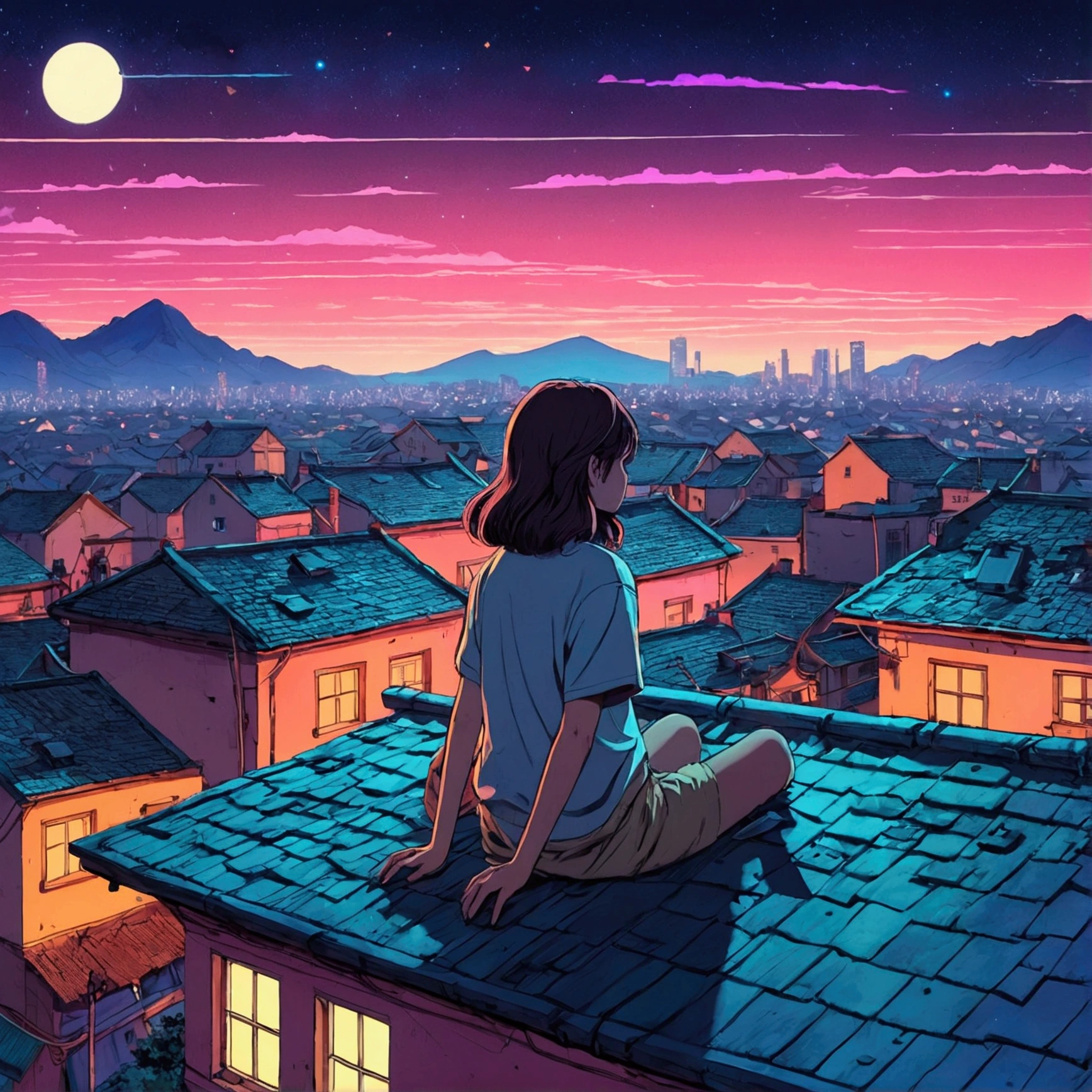 (Lofi), A girl sitting on the rooftop of an old house, Lo-fi image,retro, flat,2.5d, night light, rooftop view, neon scape, beautiful colorful night sky,stars ,analog color theme, fantasy ,line art, ink drawing, big ink line, watercolor, goauche color, studio Ghibli style, awesome colorful, outurn, synthwave, lofi art,90s style,old texture, amplitude,90s atmosphere, masterpiece, massive skills