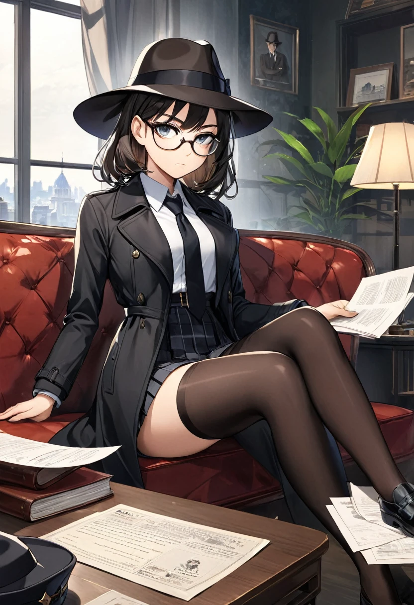 masterpiece, best quality, 16k, 2.5D, 1 girl ( black trench coat, suit, skirt, fedora, glasses, cross-legged, sitting on sofa, necktie, serious, detective), ( table, papers on table ), window, ofice background, hand