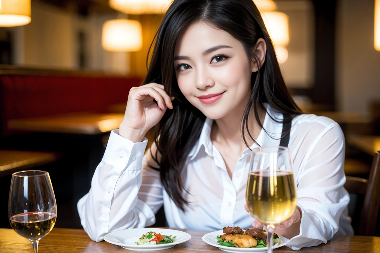 ((Highest quality、8K、masterpiece:1.3))、Shortcuts、cute、slimカップル、modelカップル、actress男優、(Realistic, Intricate details:1.2), full-course dinner、Wine Party、Amazing view of the sunset sky and clouds、A bright smile、short hair,Bright Face、 (Age 45), 42 years old, red wine 、Appetizers、Italian food、Wine bottle、Champagne、sparkling wine、Two beauties、Brown Hair、Shortcuts、Long sleeve shirt、dress、Beautiful woman 1, (slimな顔), (The body is slim), (Brown Hair), (Shortcuts), cheeks turn a little red,Attractive beauty、restaurant, In a prominent place (From the waist up) Nova Frog Style, actress, model, Upper Body, White wine, slim, wine glass, 中央に置かれたwine glass, smile, (smile: 1.15), Beautiful fine grain, Depth f/2,saturation, High Contrast, Strong light and shadow,Moist Body:1.5、3D texture、Delicate eyes、Brown Hair、The hair is very shiny、