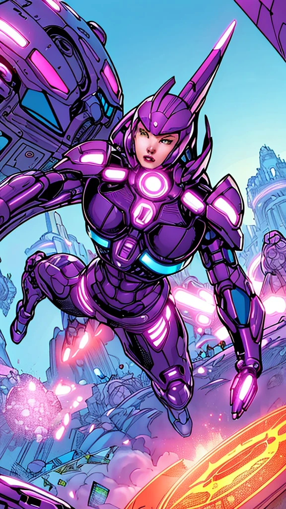 A lively, imaginative image of a girl in a mech suit, leaping gracefully across a futuristic battlefield. The girl's vibrant, vibrant color scheme contrasts with the muted, mechanical aesthetic of the suit. The vibrant colors and intricate details in the suit contrast beautifully with the sleek, futuristic design of the mech. The background features a wide-angle lens, emphasizing the dynamic nature of the scene. wide aperture, HDR, telephoto lens