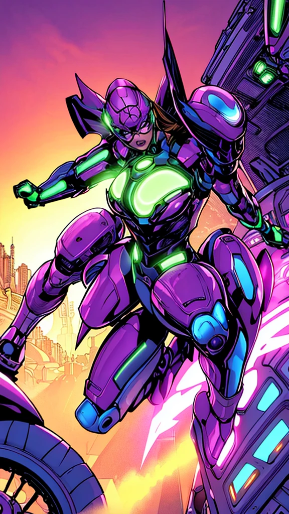 A lively, imaginative image of a girl in a mech suit, leaping gracefully across a futuristic battlefield. The girl's vibrant, vibrant color scheme contrasts with the muted, mechanical aesthetic of the suit. The vibrant colors and intricate details in the suit contrast beautifully with the sleek, futuristic design of the mech. The background features a wide-angle lens, emphasizing the dynamic nature of the scene. wide aperture, HDR, telephoto lens