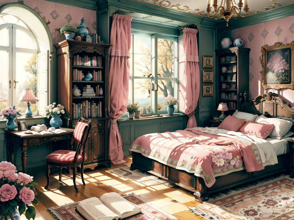 8K picture quality，best quality，masterpiece，HD，Super rich detail，detailed，Cosy bedroom，Big windows，Floor-to-ceiling windows，Big bed，notebook，There is a cabinet next to it，There are chairs，There are flowers，There is a wardrobe，Bookcase bookshelf many books，There is a sofa，There is a table and chairs，There are a lot of books，There was a full queen size bed，The body is very comfortable，extremely clean，Very informative，Big windows，The view from the window，超HD逼真，Pink，