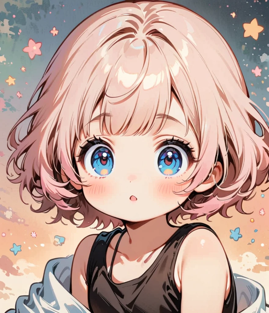 花にKissする、pale pink hair、Short hair with a bun、Cartoon style character design,1 Girl, alone,Big eyes,Cute expression,Tank top、interesting,interesting,Clean Lines